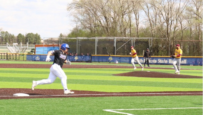 SDSU’s Luke Luskey runs for home during a baseball game against Minnesota Morris on April 29, 2026 at Erv Huether Field. Luskey had three runs, a hit and an RBI over the course of the game.